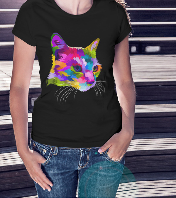 Cat Head Geometric Pop Art Style Vibrant Colors T-Shirt