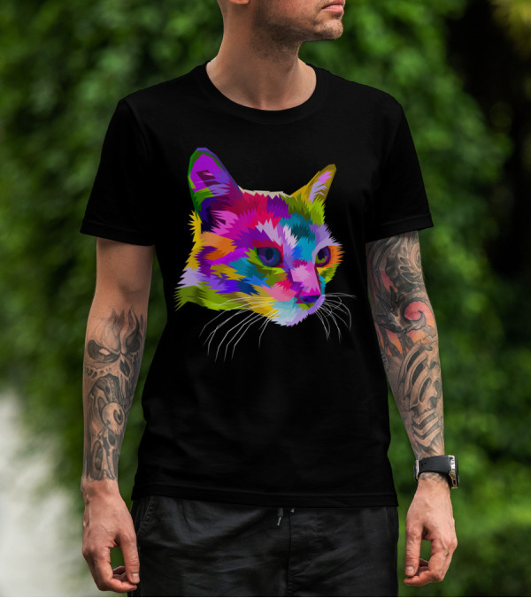 Cat Head Geometric Pop Art Style Vibrant Colors T-Shirt