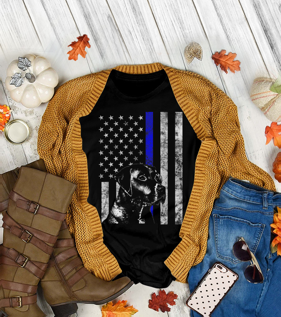 American Flag K9 Veterans Day Police Dog Thin Blue Line T-Shirt