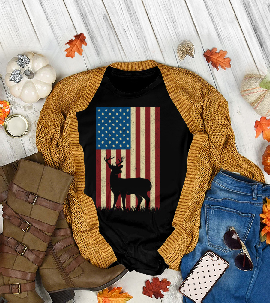 Deer Silhouette with American Flag Background T-Shirt