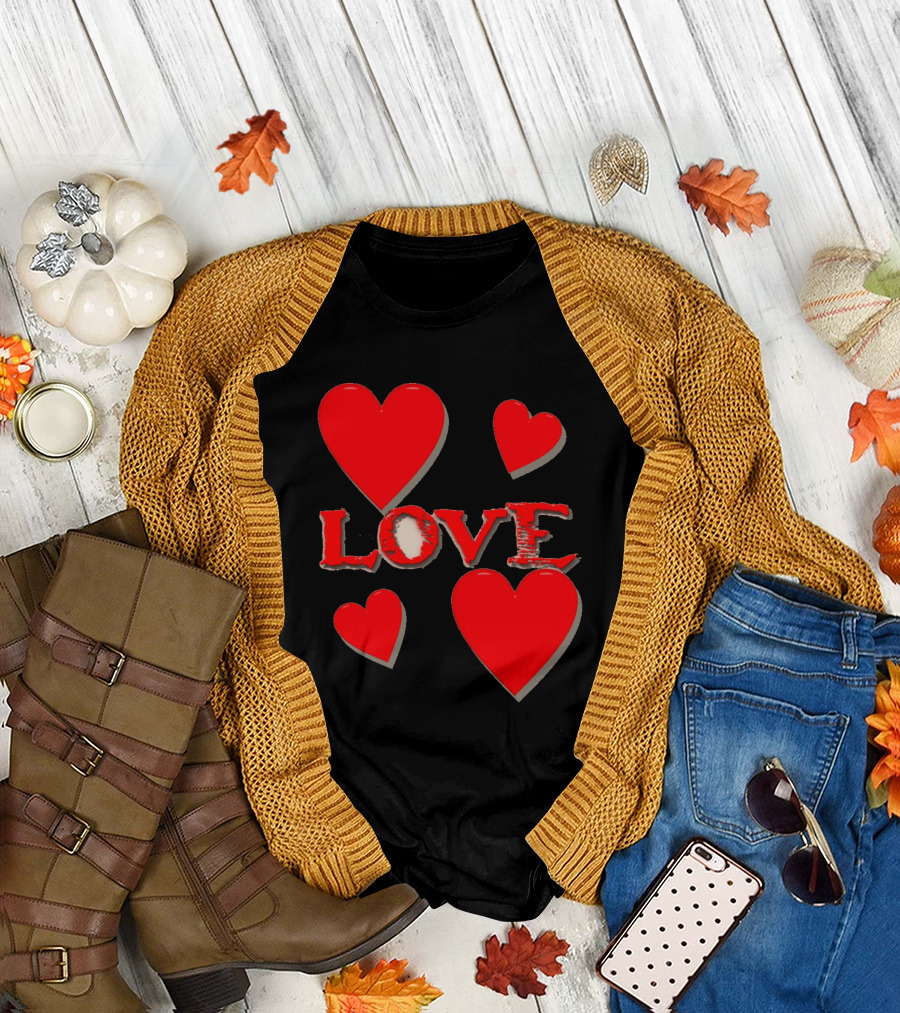 Valentine's Collection Love Red Hearts and Love Text T-Shirt