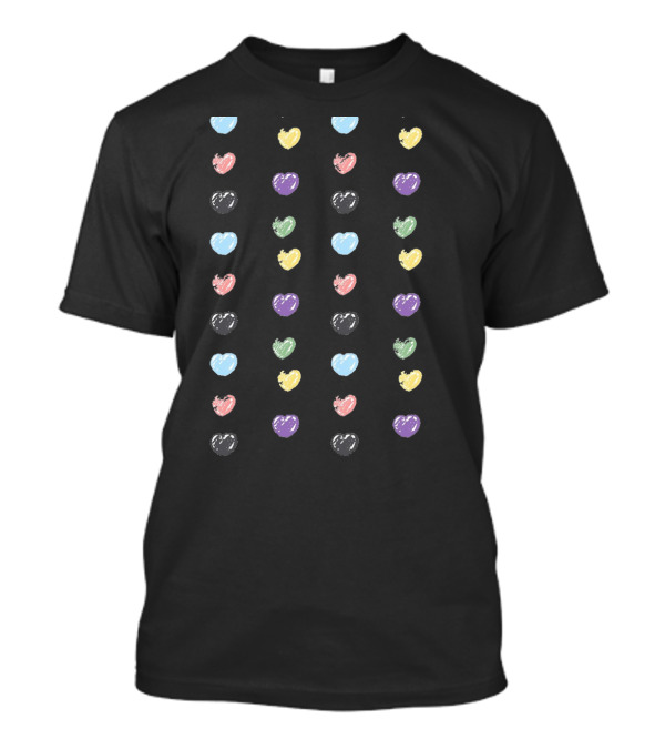 Multicolor Hand Drawn Hearts Pattern In Rows T-Shirt