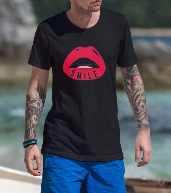 Smile Red Lips Graphic Women's Baby Blue Happy T-Shirt