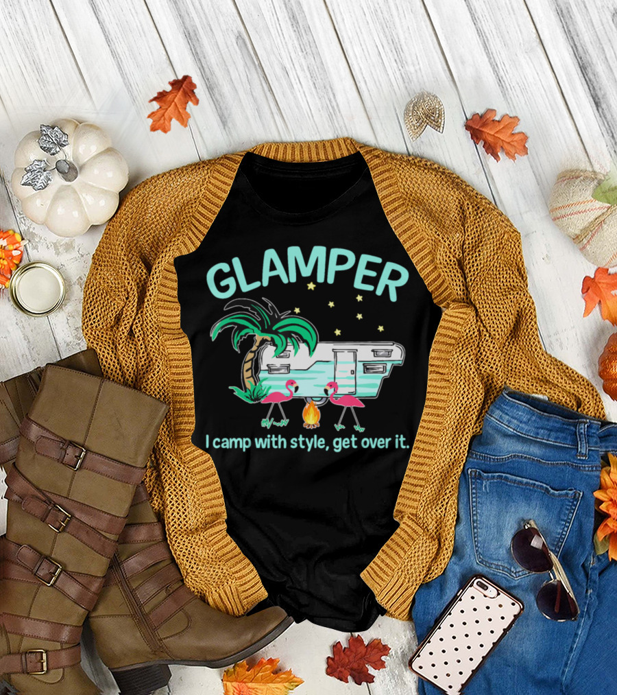 Glamper I Camp with Style Get Over It Campfire Flamingos Palm Tree Stars T-Shirt