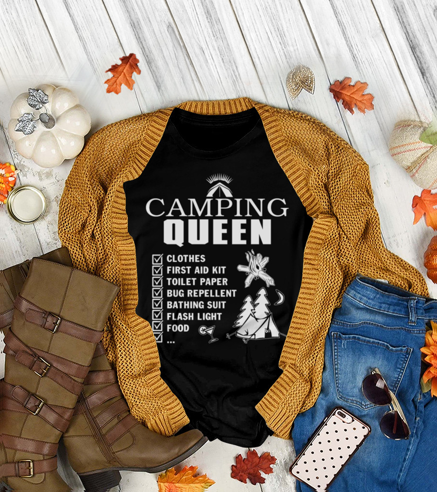 Camping Queen Checklist Clothes First Aid Kit Toilet Paper Bug Repellent Bathing Suit Flash Light Food T-Shirt