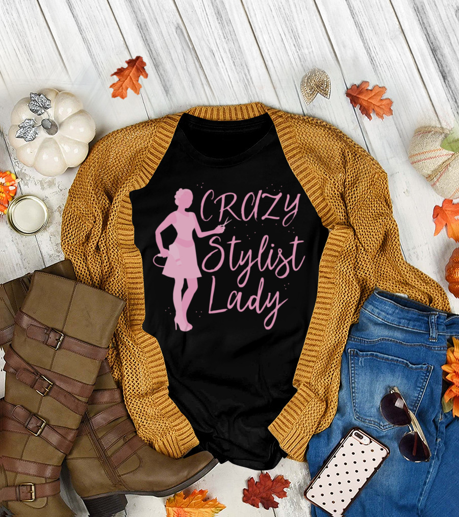 Crazy Stylist Lady Pink Silhouette with Scissors and Blow Dryer T-Shirt