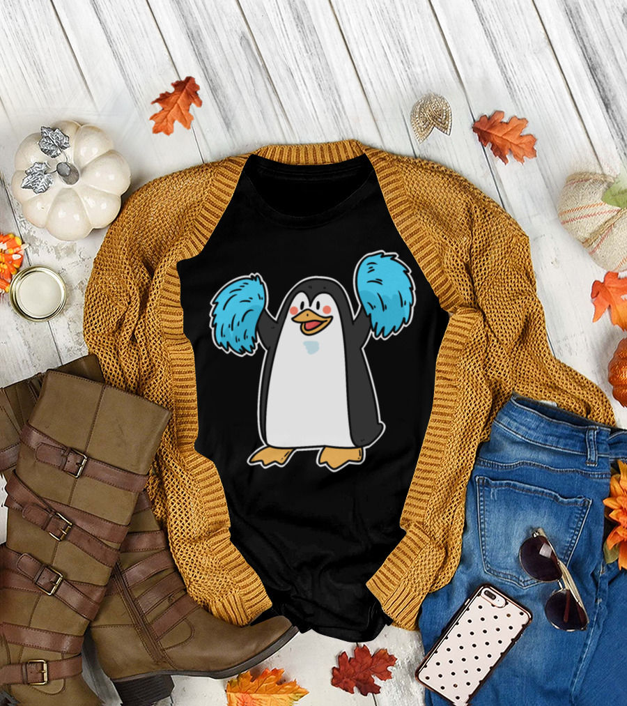 Cheerleader Cheerleading Penguin with Pom-Poms Football Dance T-Shirt
