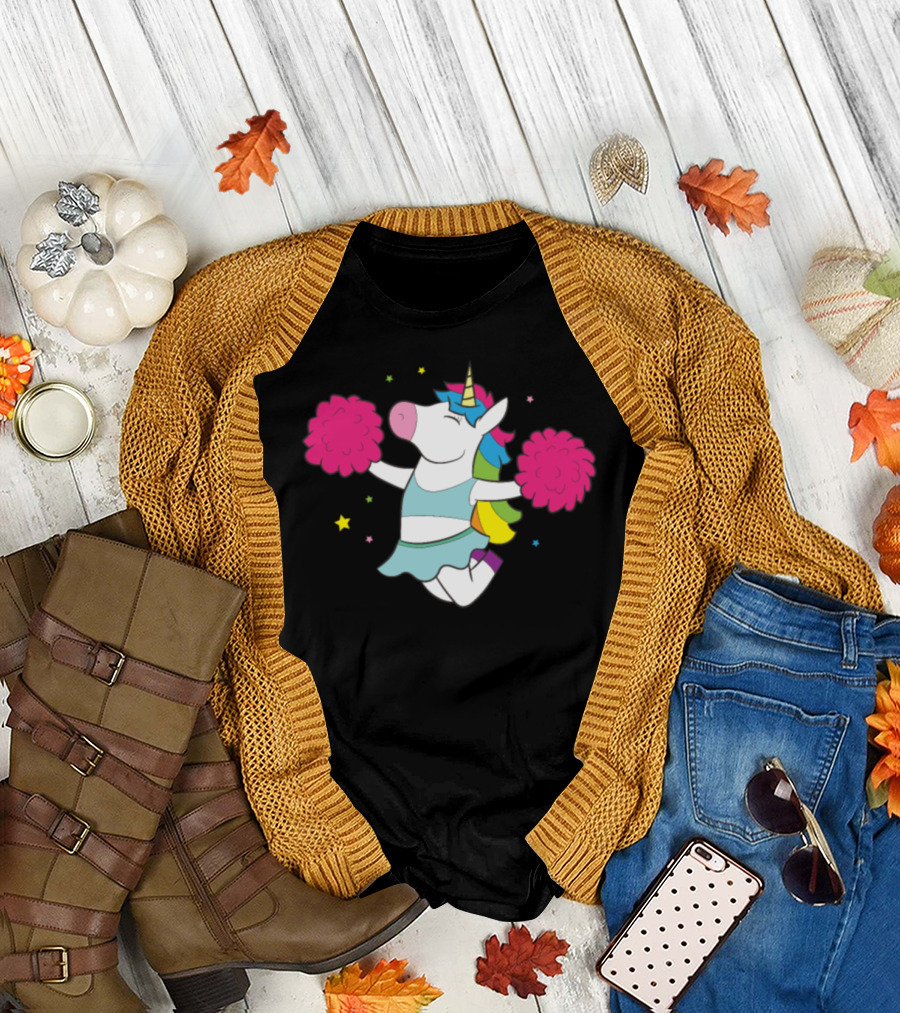 Unicorn Cheerleader with Pom Poms and Stars T-Shirt