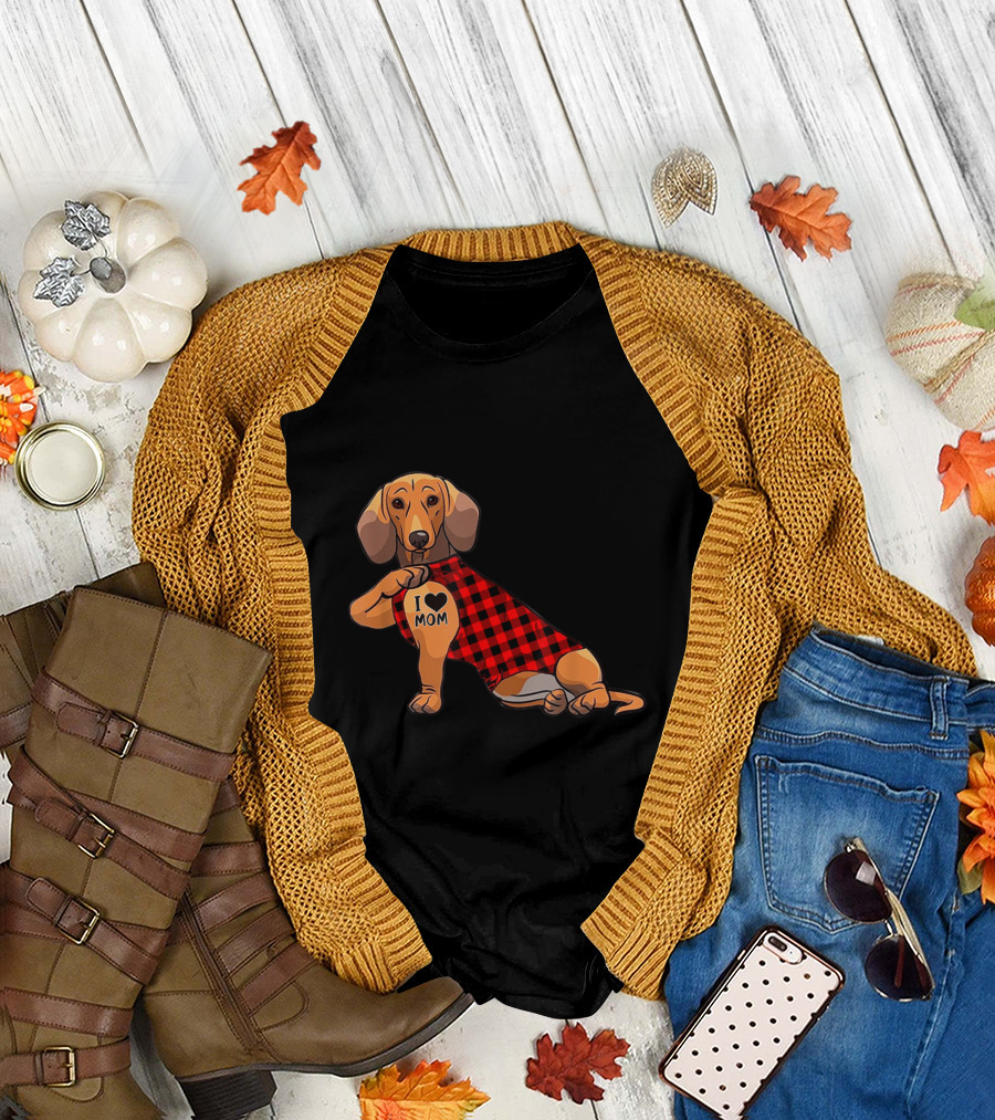 Cute Dachshund I Love Mom Tattoo with Plaid T-Shirt