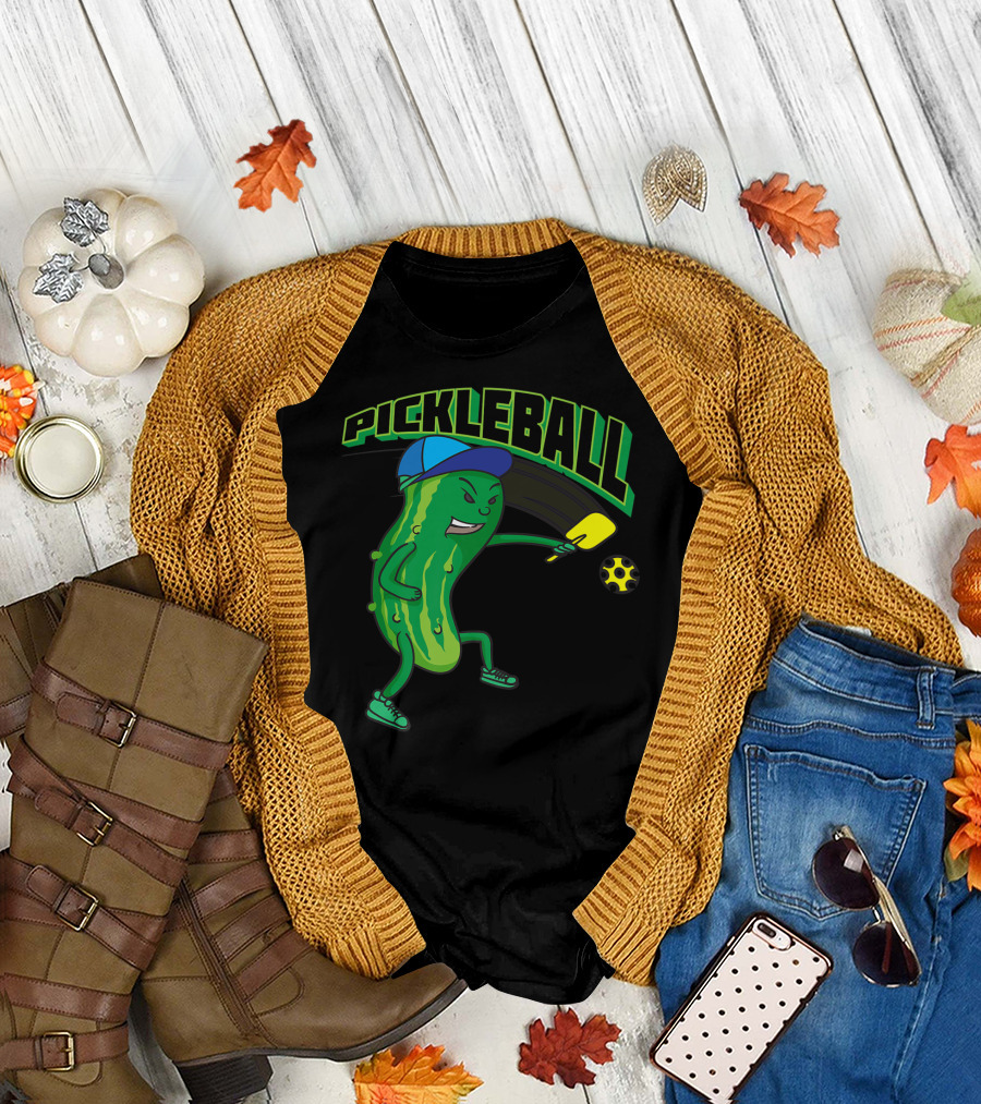 Pickleball Pickle Character with Paddle and Ball Birthday Present T-Shirt