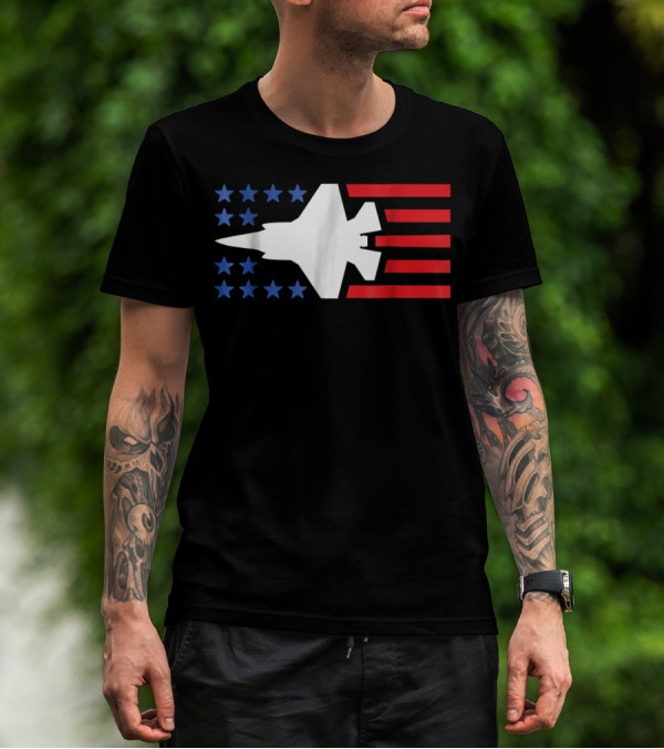 F35 Fighter Jet Silhouette With American Blue Stars And Red Stripes T-Shirt