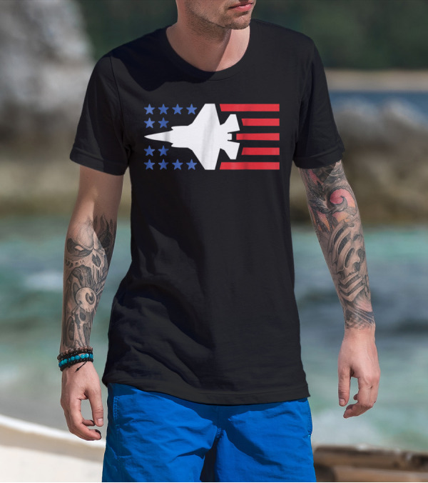 F35 Fighter Jet Silhouette With American Blue Stars And Red Stripes T-Shirt
