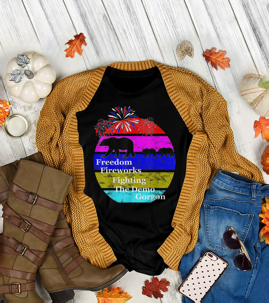 Freedom Fireworks Fighting The Demo Gorgon with Bears and Colorful Stripes T-Shirt