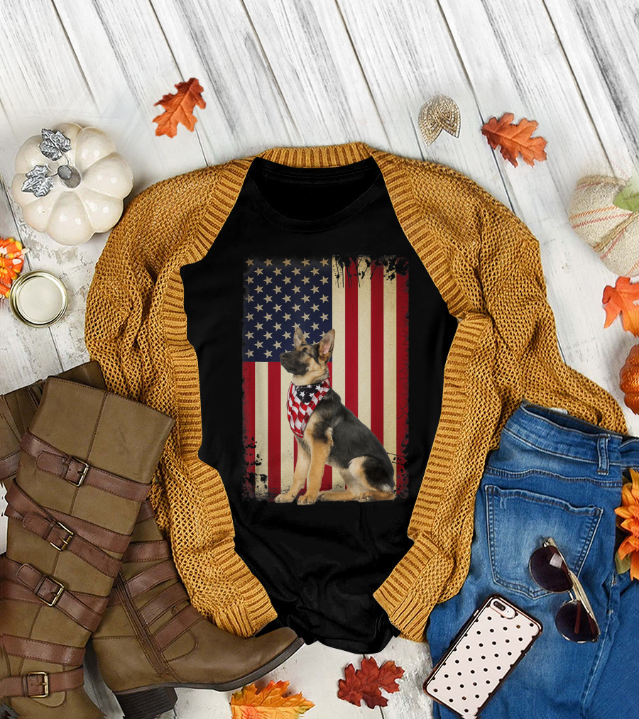 German Shepherd Wearing American Flag Bandana in Front of Vintage American Flag T-Shirt
