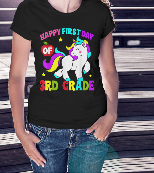 Happy First Day Of 3rd Grade Unicorn With Colorful Stars And Apple T-Shirt