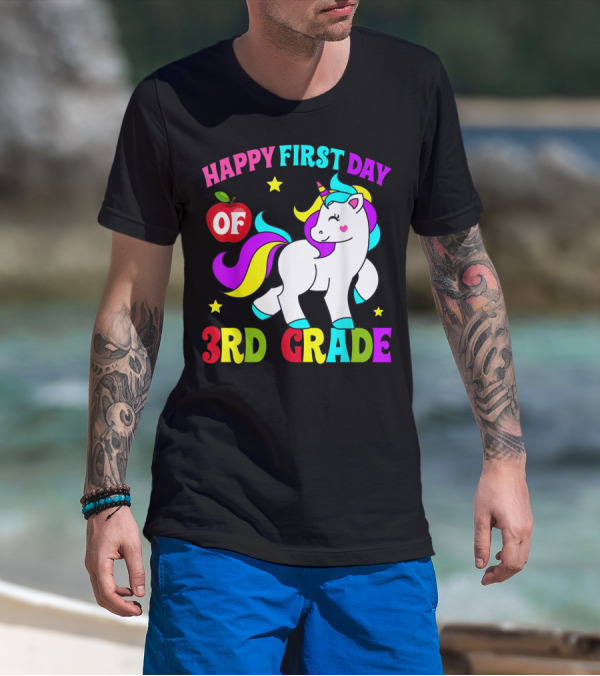 Happy First Day Of 3rd Grade Unicorn With Colorful Stars And Apple T-Shirt