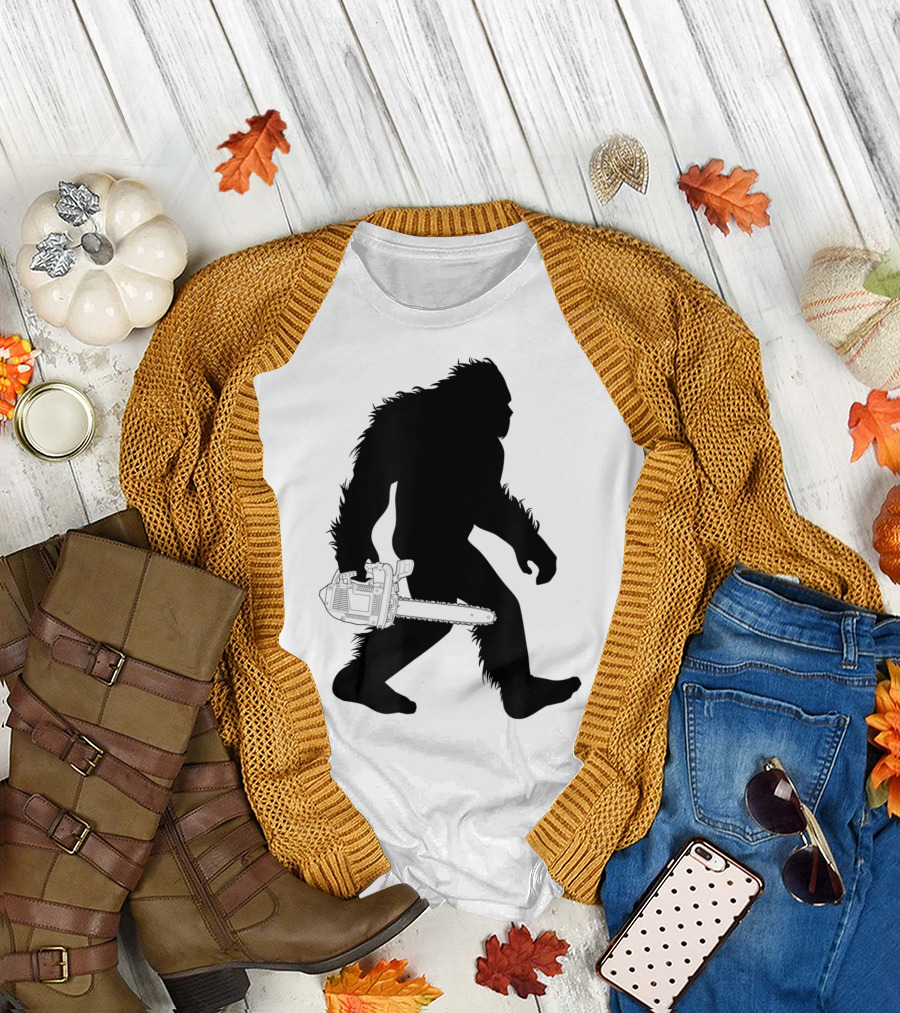 Bigfoot Carrying Chainsaw Lumberjack Sasquatch T-Shirt