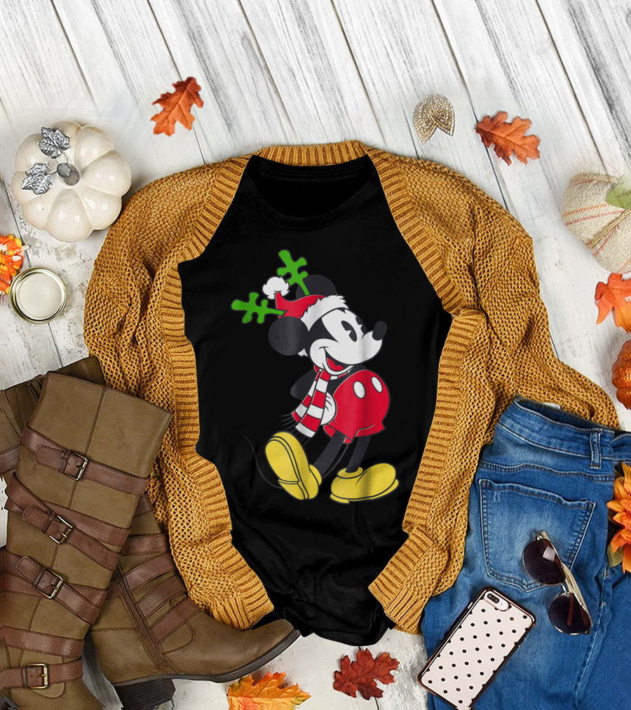 Disney Mickey Mouse Christmas Holiday Antler Hat and Scarf T-Shirt
