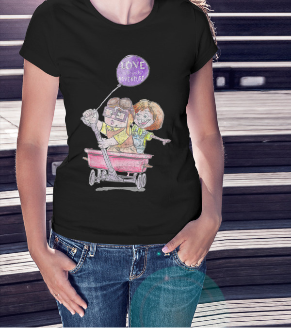 Disney Pixar Up Carl Ellie Love Greatest Adventure Wagon Ride Sketch T-Shirt