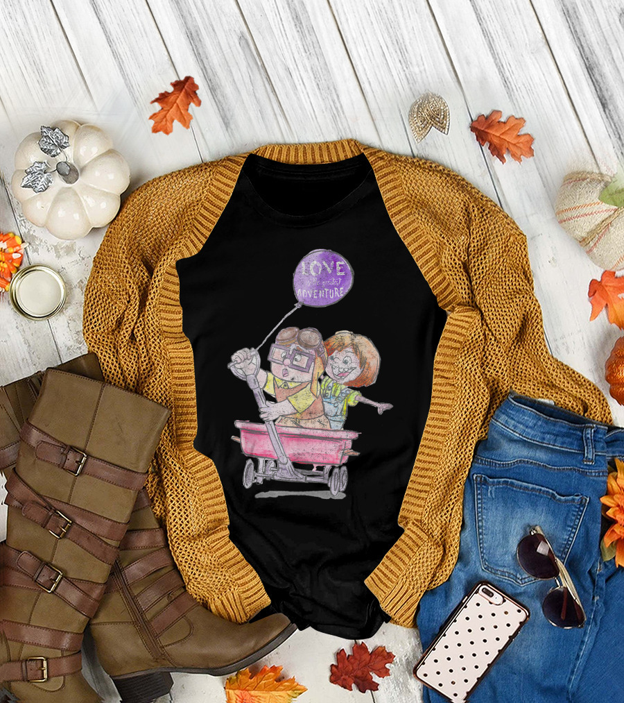 Disney Pixar Up Carl Ellie Love Greatest Adventure Wagon Ride Sketch T-Shirt