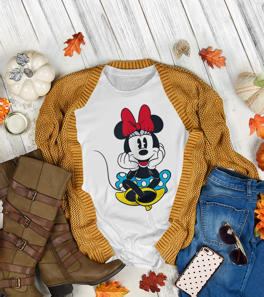 Disney Happy Minnie Mouse Blue Polka Dot Dress Red Bow T-Shirt