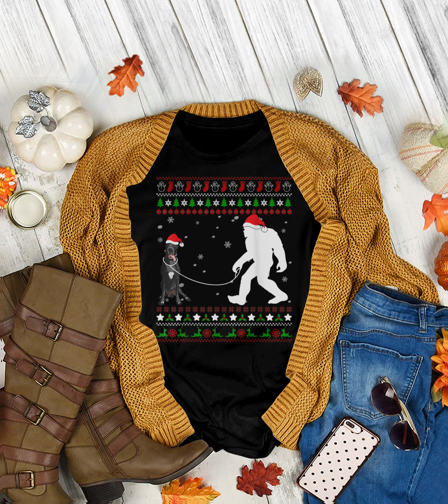 Great Dane with Santa Hat Walking Bigfoot Christmas T-Shirt
