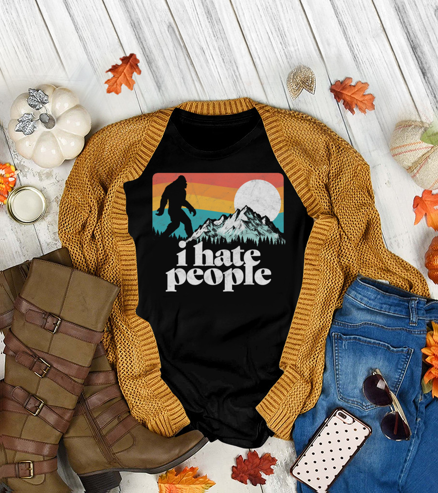 I Hate People Bigfoot Mountains 80s Retro Sunset T-Shirt