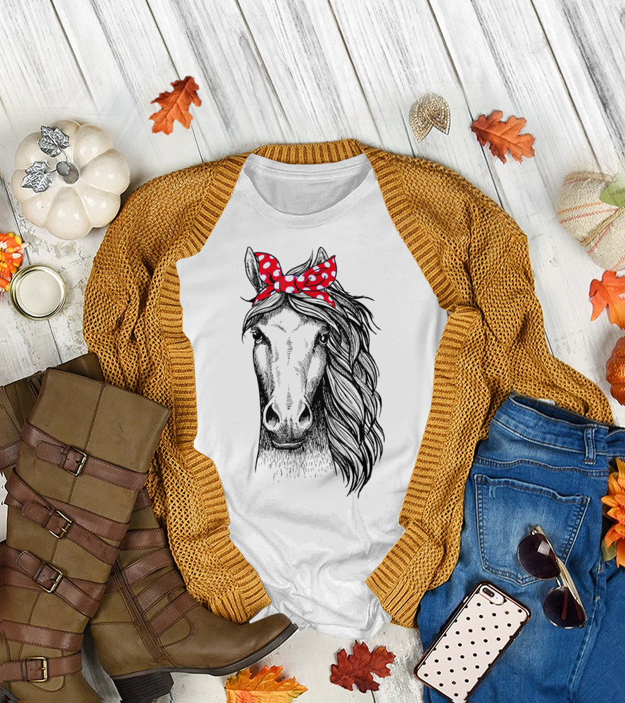 Horse Bandana for Horseback Riding Lovers with Red Polka Dot Bow on Horse Head T-Shirt