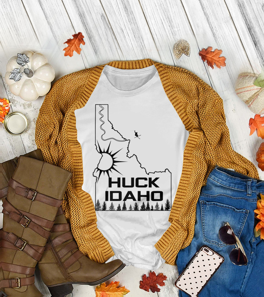 Huck Idaho Skiing State Outline with Sun and Trees T-Shirt