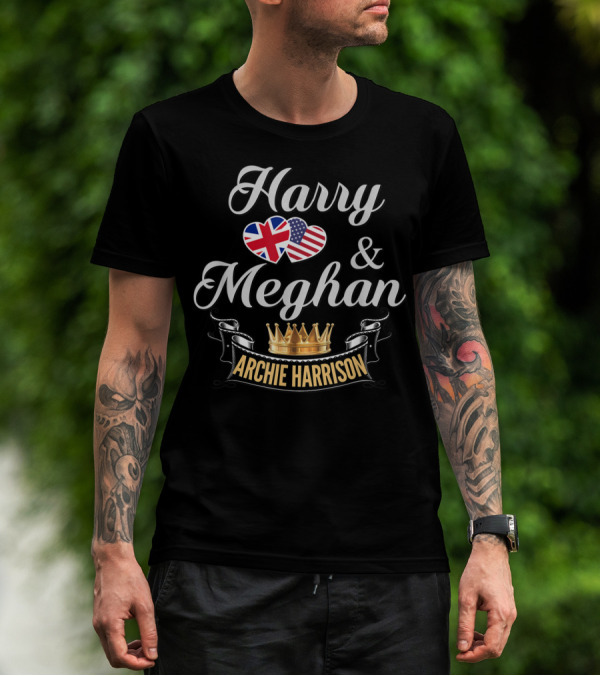 Harry And Meghan Archie Harrison Union Jack USA Crown T-Shirt