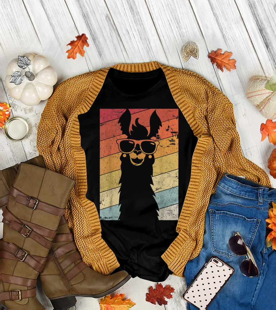 Llama Style Retro Sunset Alpaca with Sunglasses T-Shirt