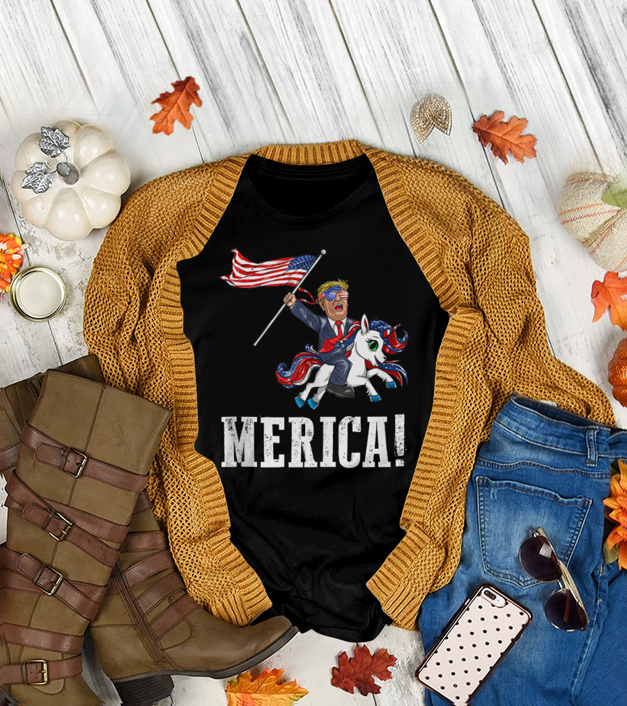 Merica Unicorn Trump America First Patriotic Flag Rider T-Shirt