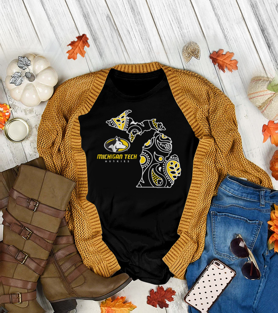 Michigan Tech Huskies Paisley State Map T-Shirt