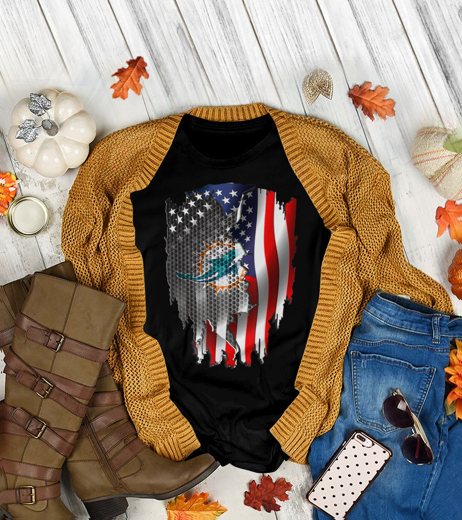 Retro Miami Dolphins Vintage American Flag Fusion T-Shirt