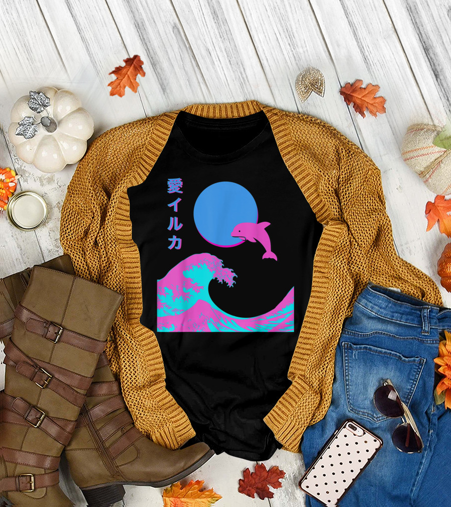 Retro Vaporwave Aesthetic Japanese Wave Dolphin Moon T-Shirt