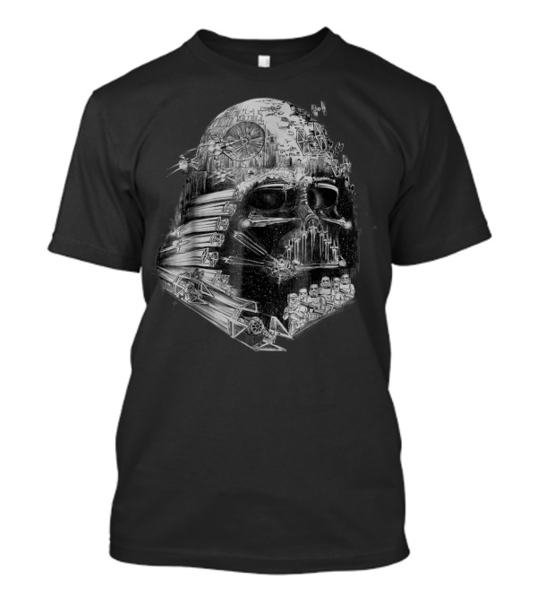 Darth Vader Star Wars Build The Empire Helmet Sketch With TIE Fighters And Stormtroopers T-Shirt
