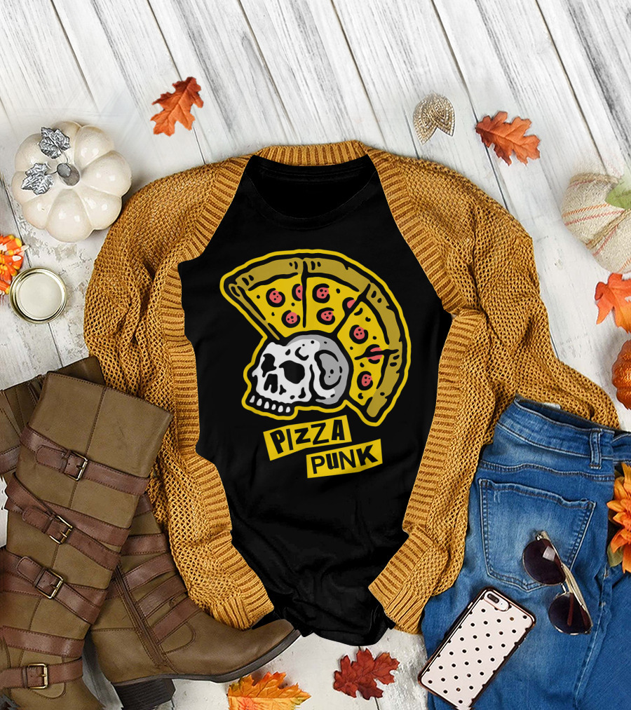 Pizza Punk Skull with Pepperoni Pizza Lover's Mohawk T-Shirt