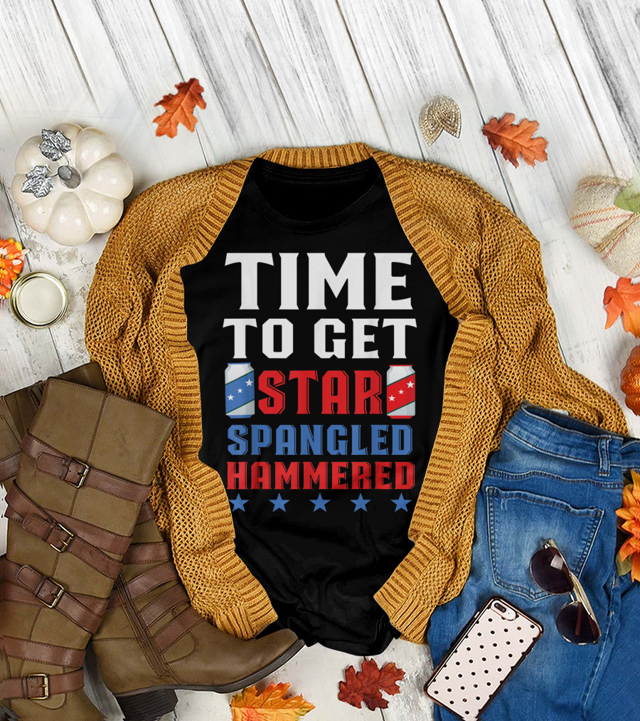 Time To Get Star Spangled Hammered With America Stars and Beer Cans T-Shirt