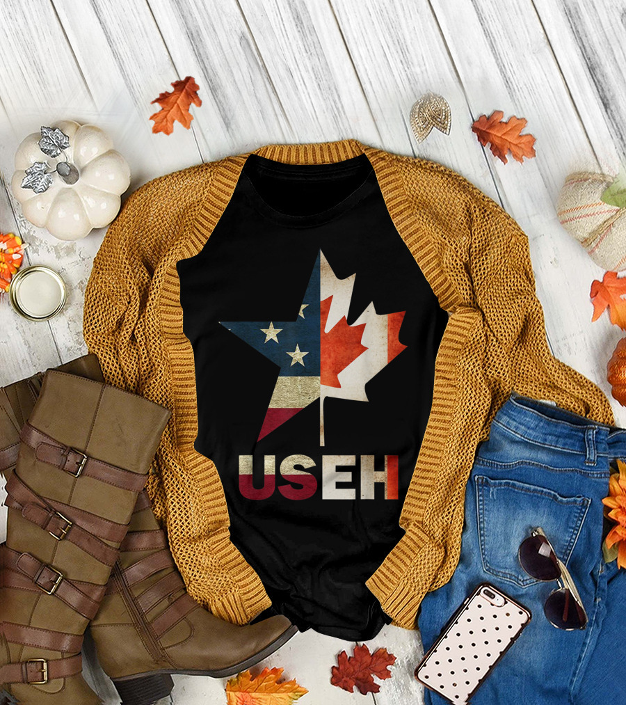 Useh Leaf American Star Canadian Flag Canada USA T-Shirt