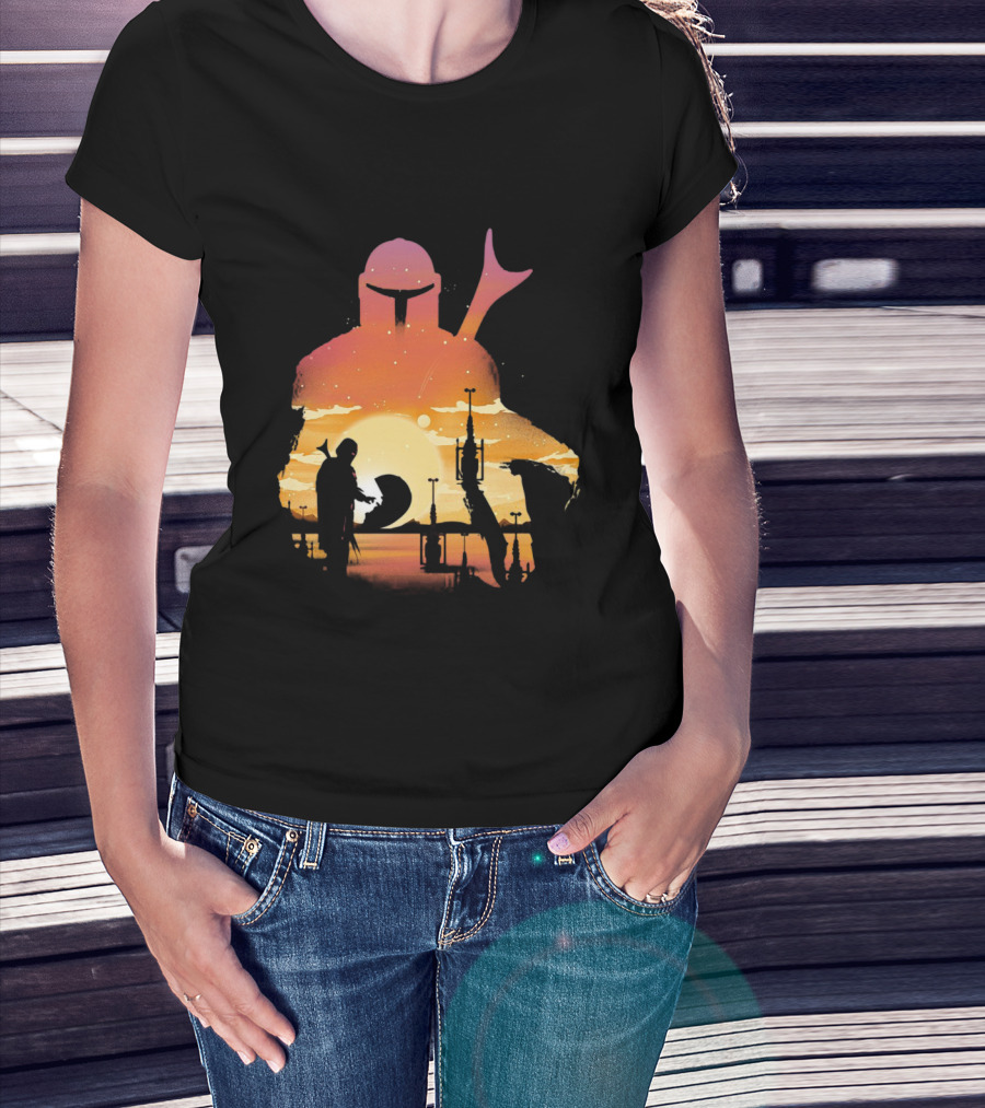 The Mandalorian Sunset Silhouette With Bounty Hunter And Child In Desert Scene T-Shirt