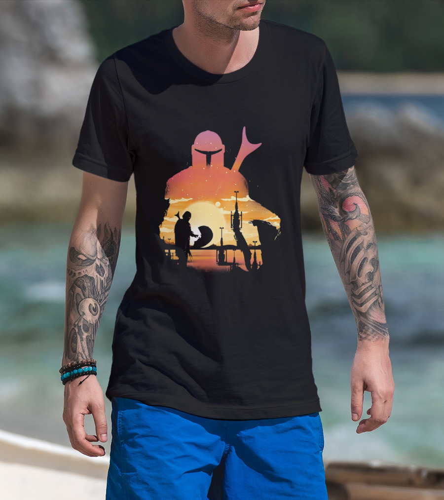 The Mandalorian Sunset Silhouette With Bounty Hunter And Child In Desert Scene T-Shirt