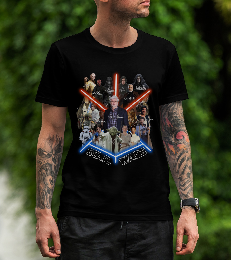 Star Wars George Lucas And Iconic Character Collage With Signatures T-Shirt