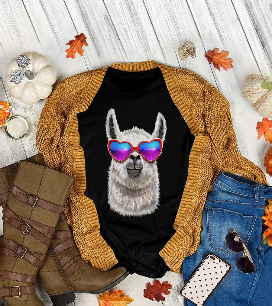 Llama Lover Valentine's Day Heart Sunglasses T-Shirt