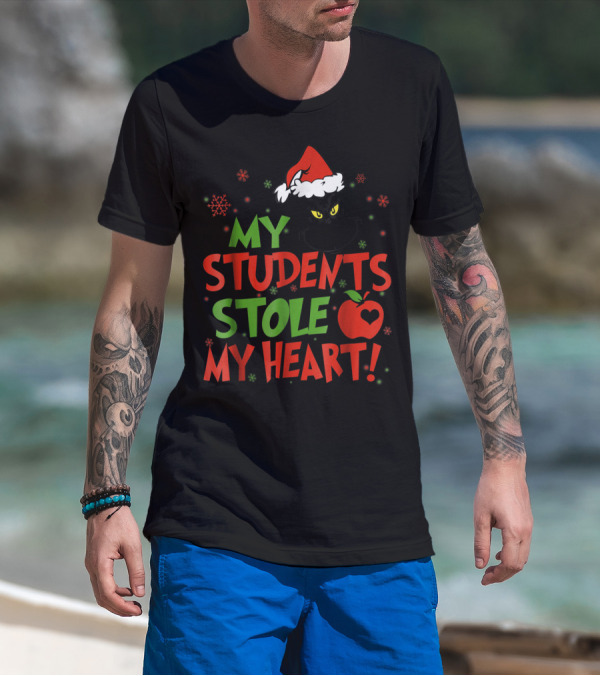Christmas My Students Stole My Heart Grinch Santa Hat Snowflakes Apple T-Shirt