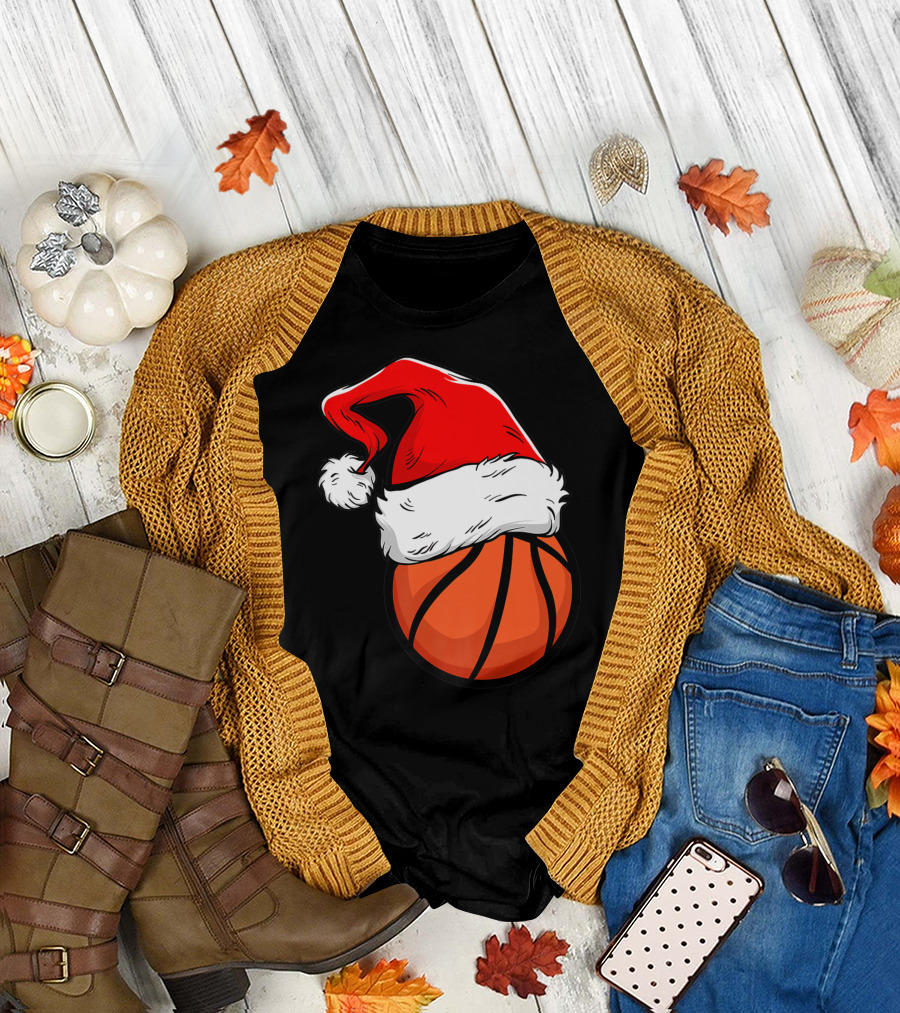 Santa Hat Basketball Funny Coach Player Holiday T-Shirt