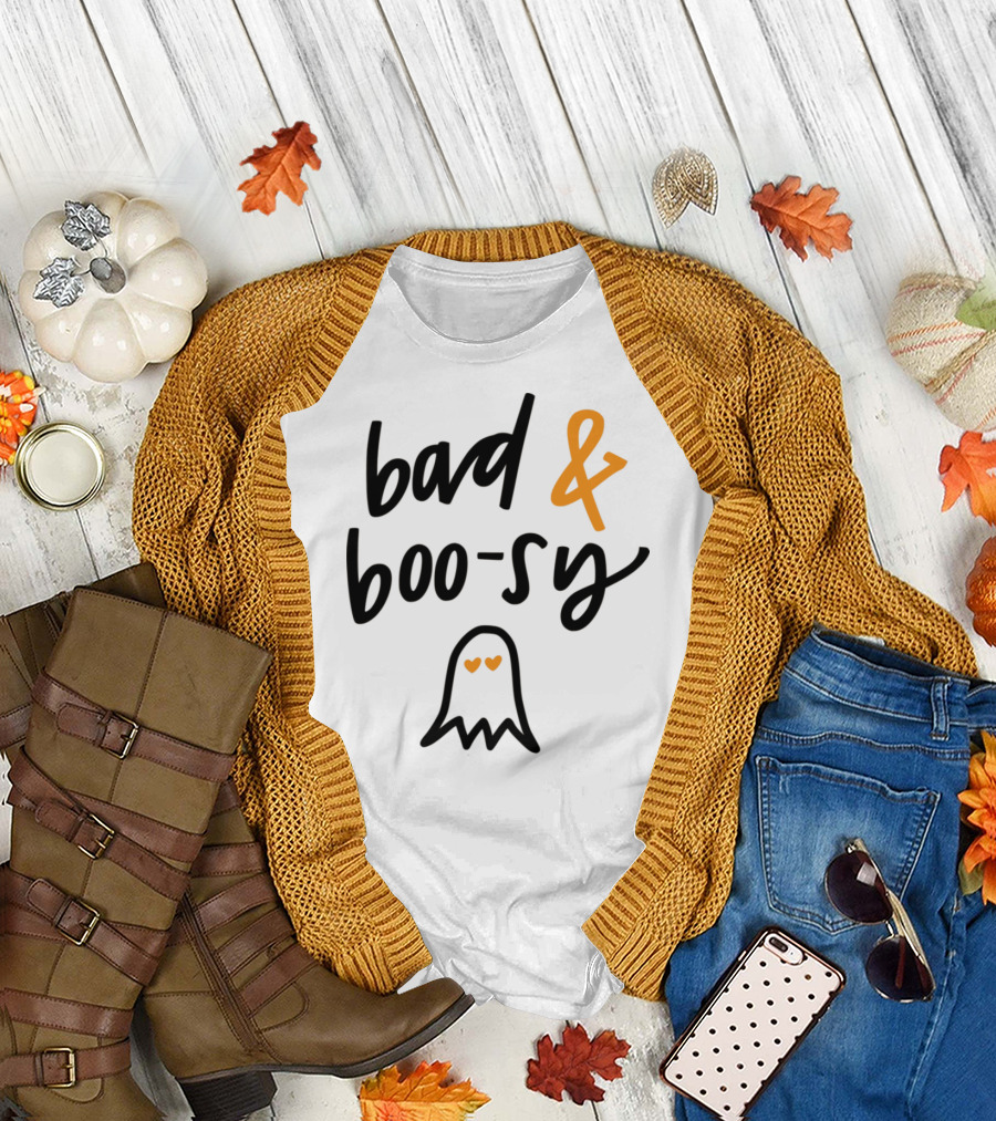 Bad And Boo-sy Ghost With Heart Eyes Orange Accent Text T-Shirt