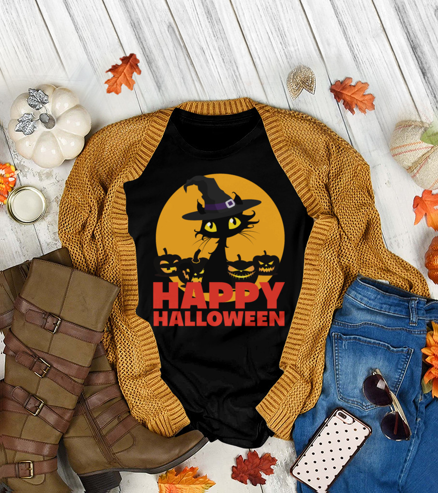Happy Halloween Black Cat Witch Kitty T-Shirt