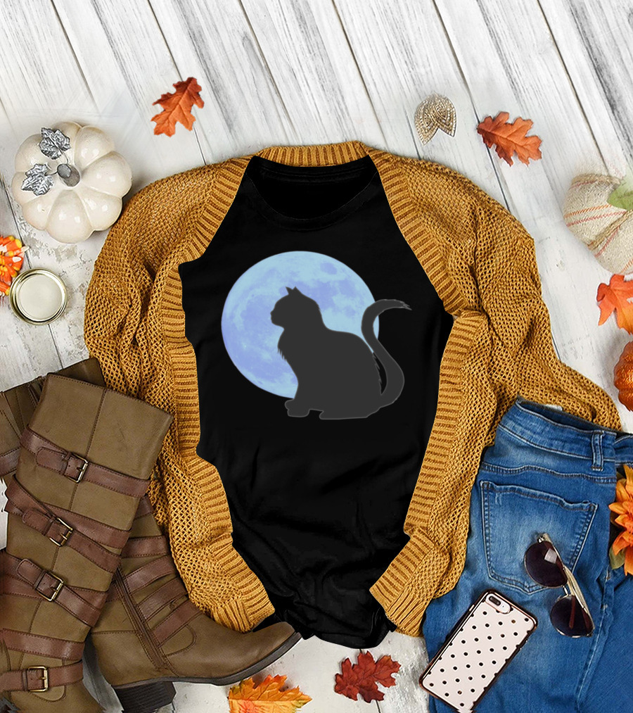 Cat Moon Blue Gothic Halloween Animals Cat Moon T-Shirt