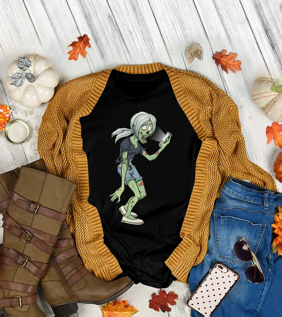 Cell Phones Zombie Girl Walking with Smartphone in Tattered Clothes T-Shirt