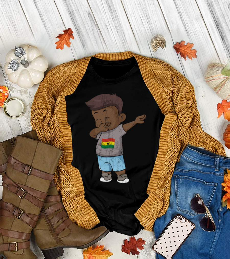 Dabbing Cartoon Character Wearing Ghana Flag T-Shirt
